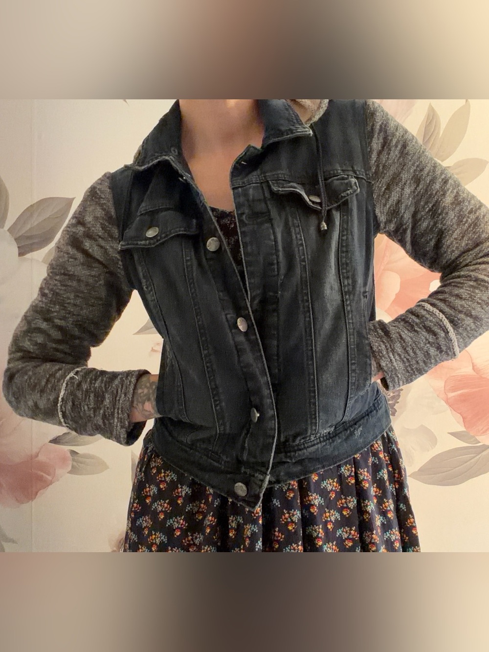 Free People dark blue Denim Jacket with Gray Knit Sleeves size small